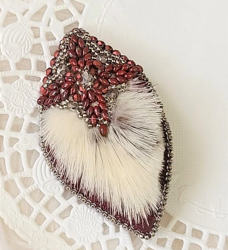 Bead embroidery, mink fur and red suede brooch