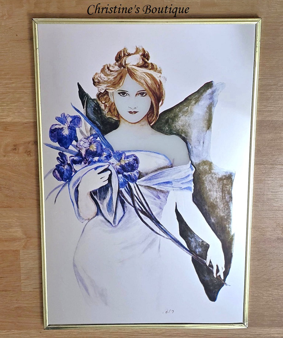 Mirror art deco nouveau style mid century mirror, reverse paint mirror,r fairy wing women, framed mirror - Click Image to Close