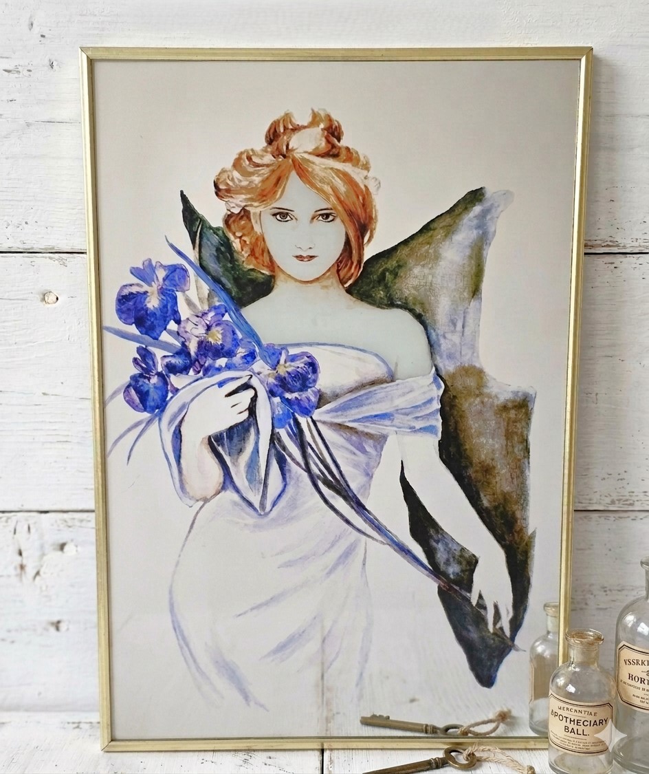 Mirror art deco nouveau style mid century mirror, reverse paint mirror,r fairy wing women, framed mirror