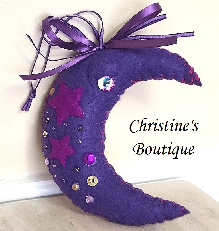 Moon ornament, purple moon, whimsical, handcrafted moon with eye, felt, embroidery, bead accents - Click Image to Close