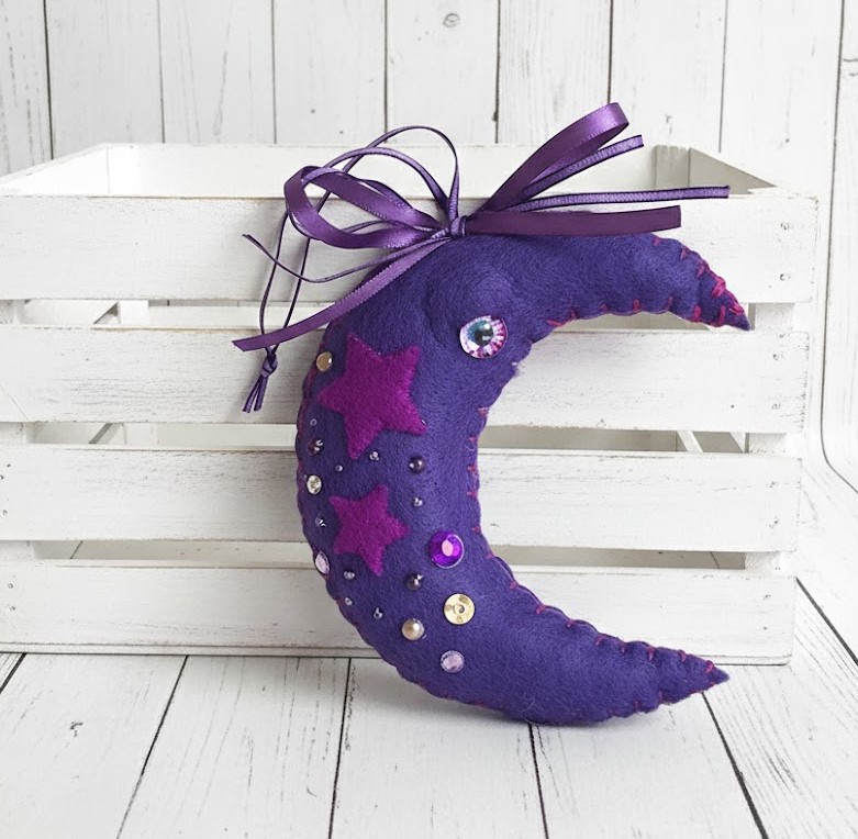 Moon ornament, purple moon, whimsical, handcrafted moon with eye, felt, embroidery, bead accents