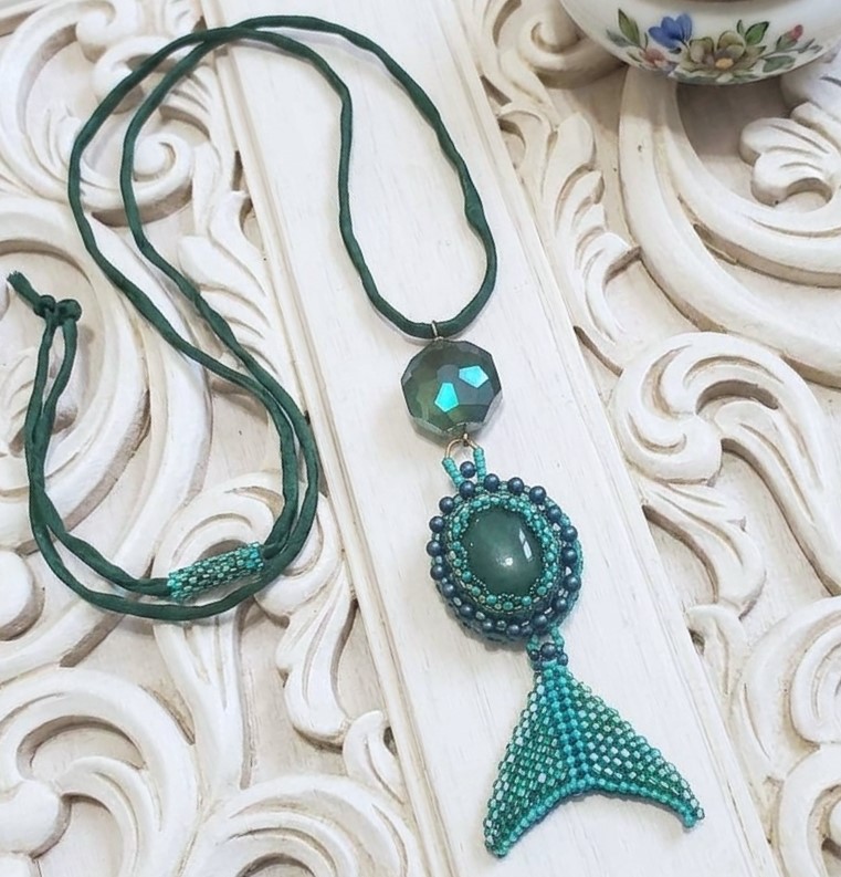 Green Aventurine Mermaid Tail Pendant on Silk Cord