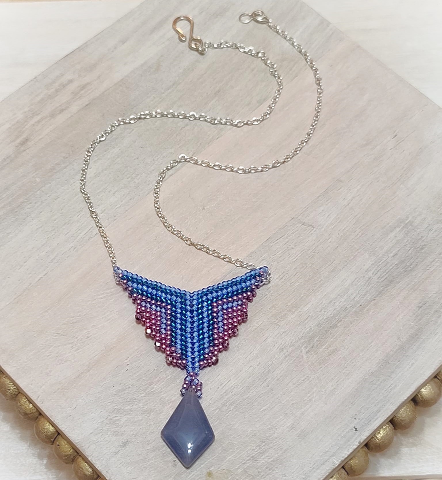 Glass beaded pendant necklace, miyuki glass, crystals, liliac jade, handcrafted
