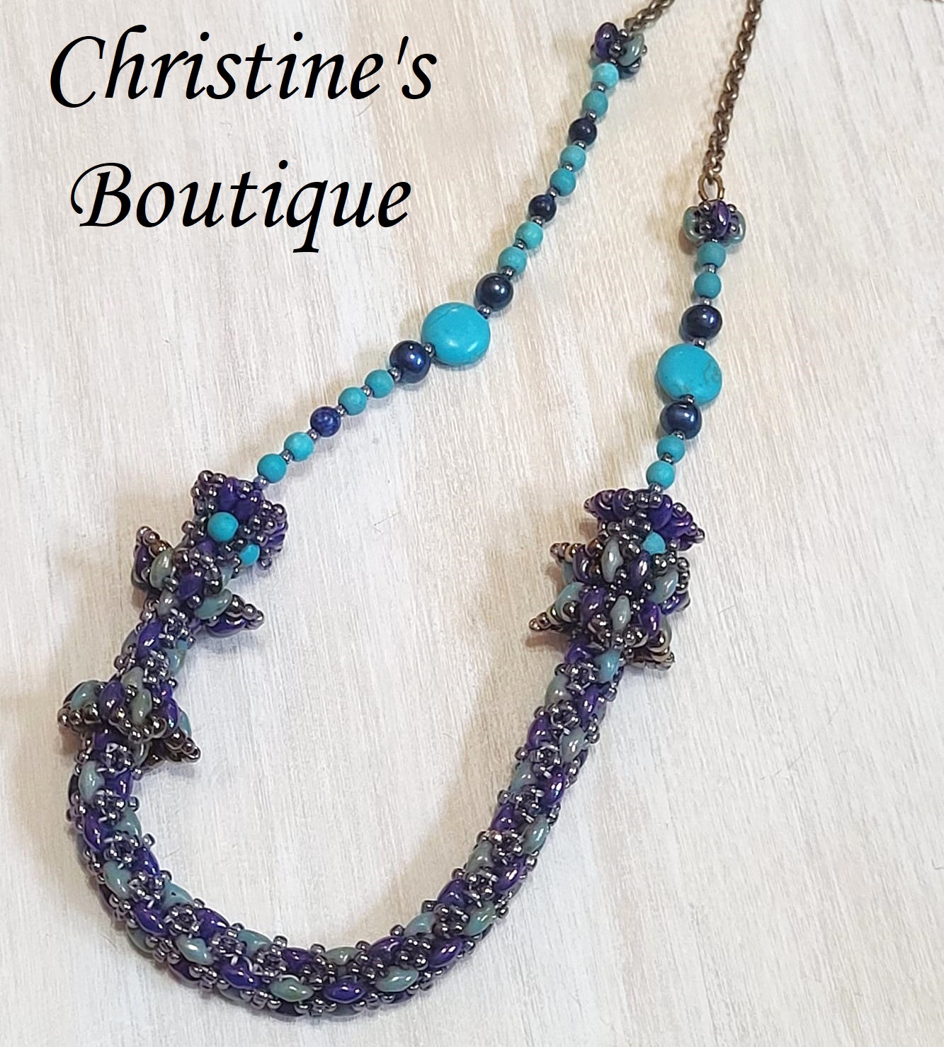Handcrafted Beaded Necklace, Howilite and Lapis Gemstones - Click Image to Close