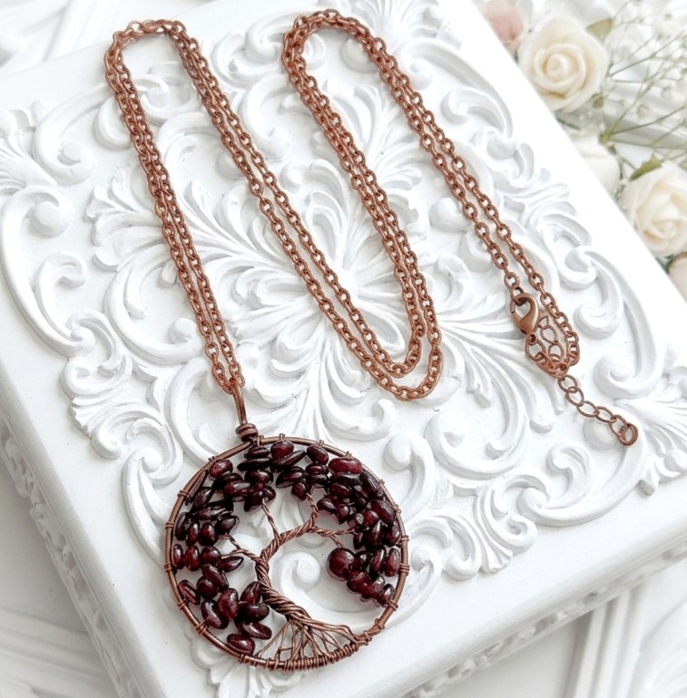 Tree of life pendant necklace, garnet gemstones w copper chain