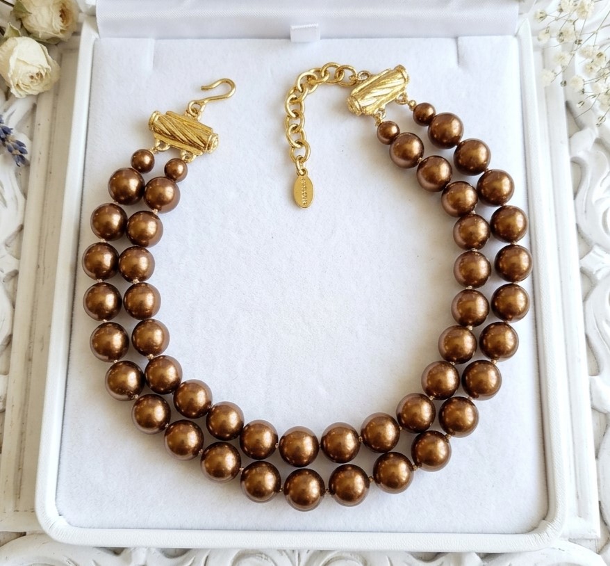 Bronze Double Strand Choker Necklace Signed Carolee