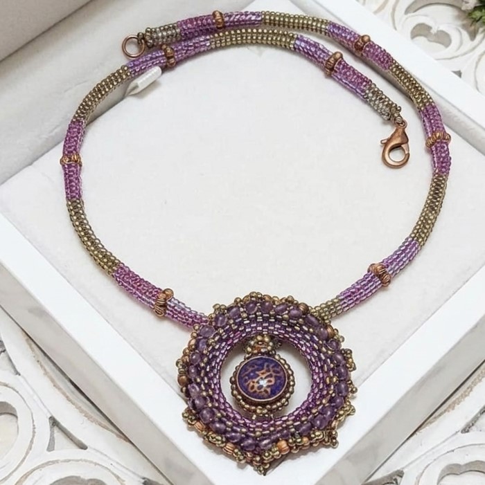Miyuki Glass Circle Pendant with Rope Necklace Purple and Copper