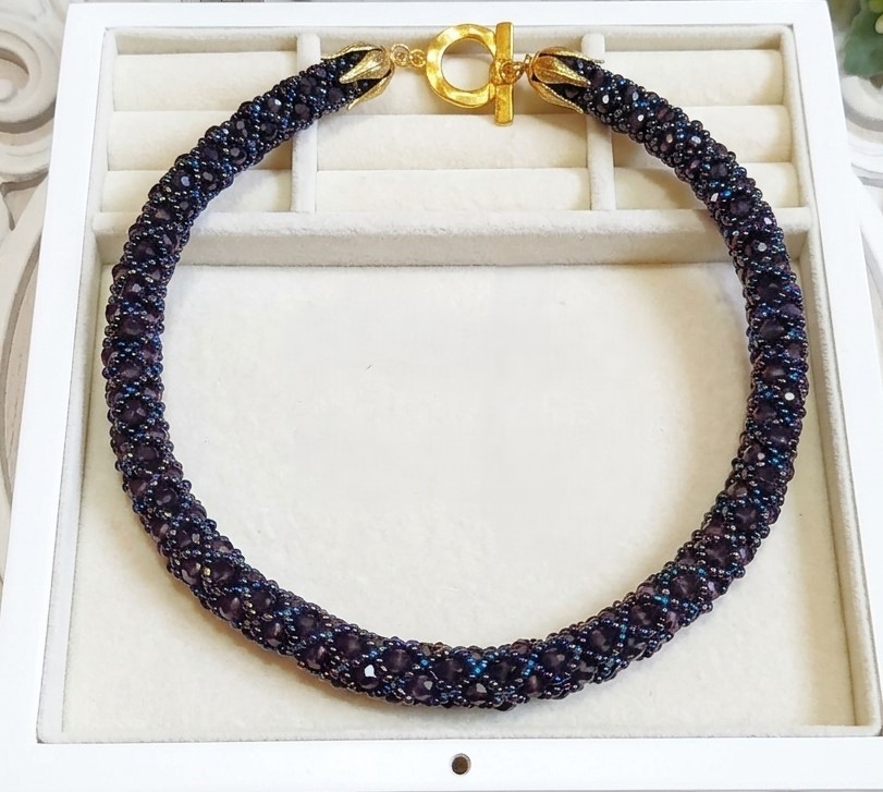 Beaded rope necklace, carnival glass, miyuki glass, crystal
