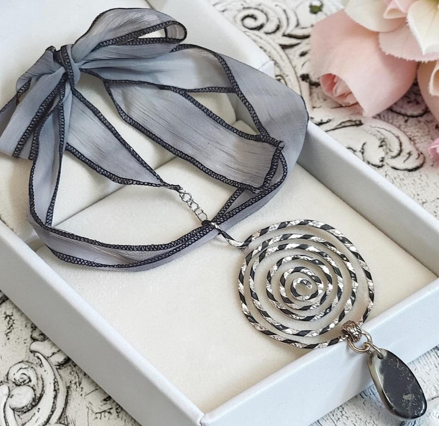 Aluminum Silver and Black Spiral Pendant Necklace on Ribbon