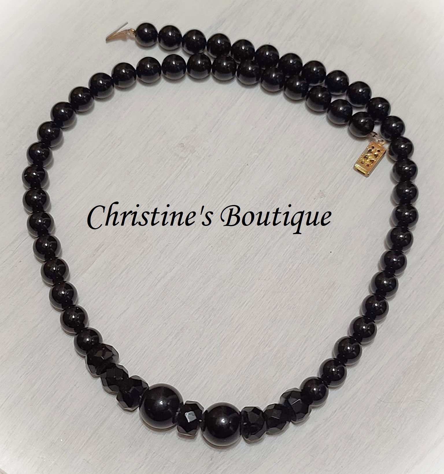 Black glass vintage beaded necklace round & facetted focal beads - Click Image to Close