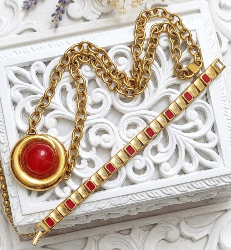 Monet vintage red pendant style necklace and link bracelet set