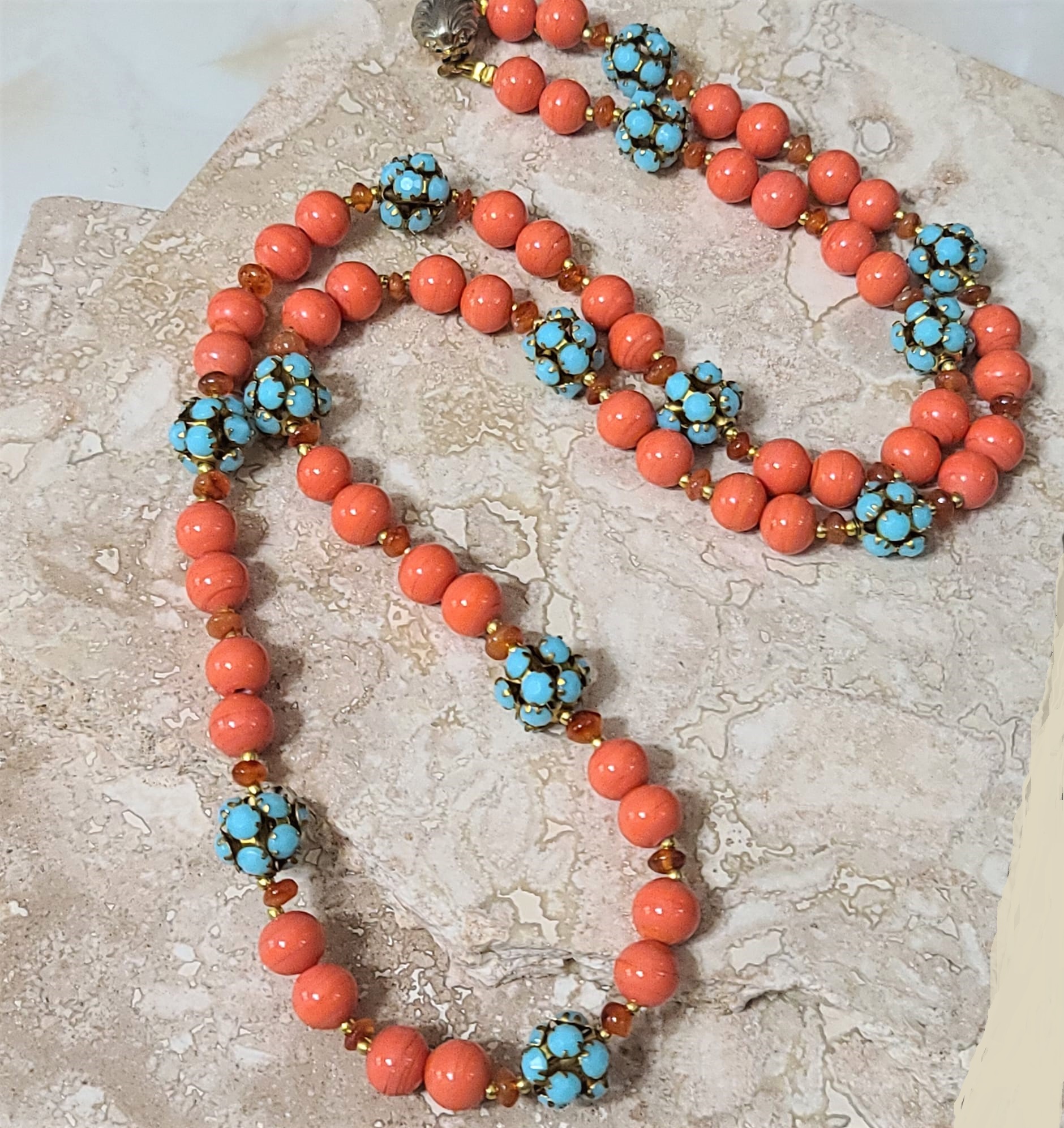 Orange and Turquoise bead necklace with vintage scallop clasp