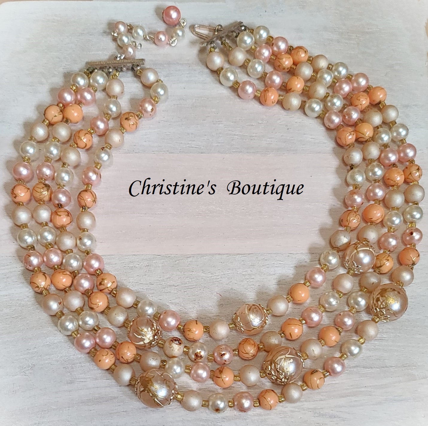 4 Row vintage beaded necklace with pinks,peach and orange hues - Click Image to Close