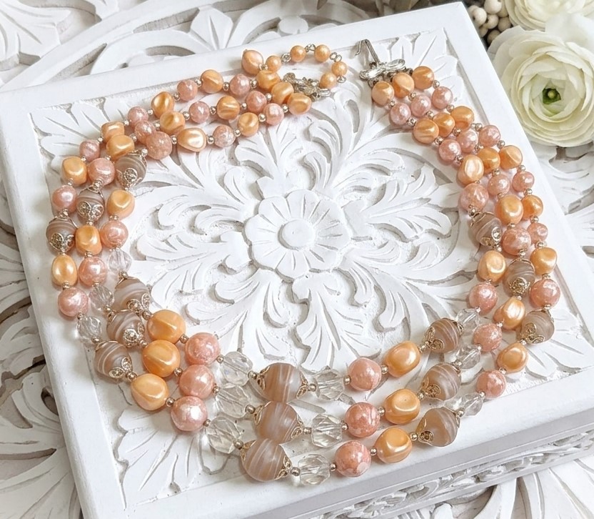 Swirl beads and crystal 3 row vintage necklace signed Japan