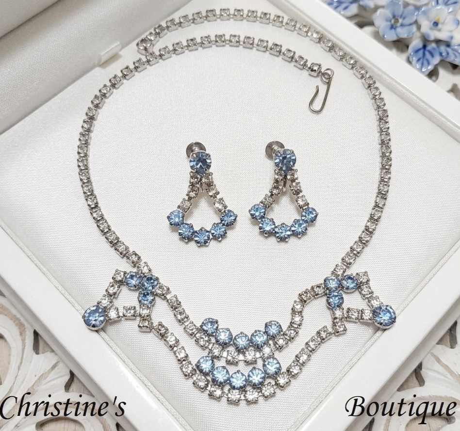Light Blue & White Rhinestone Demi Necklace & Earrings