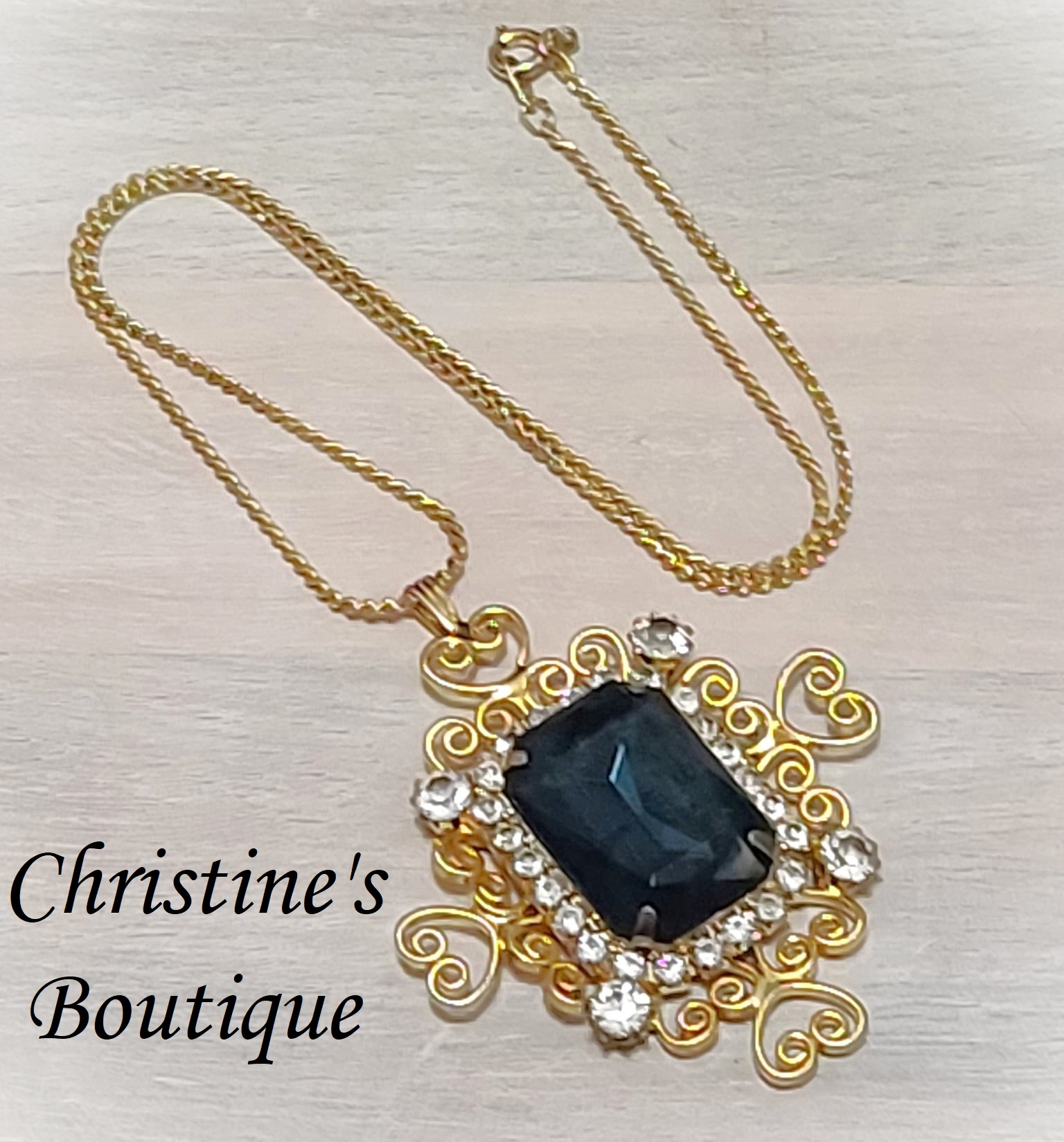 Vintage blue sapphire rhinestone pendant necklace with chain - Click Image to Close