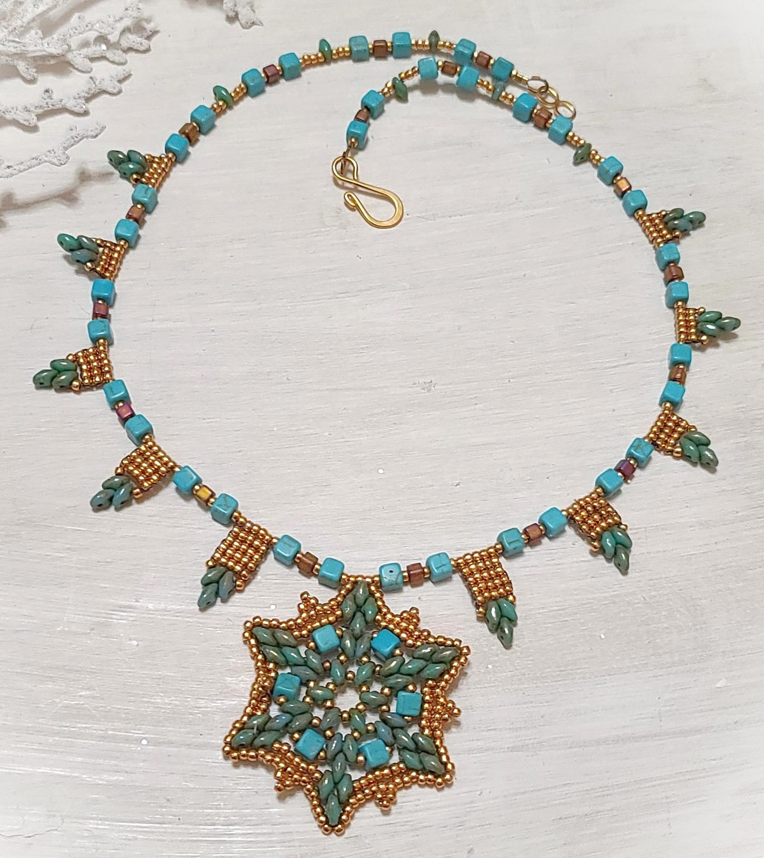 Turquoise howlite gem and superduo glass beaded necklace