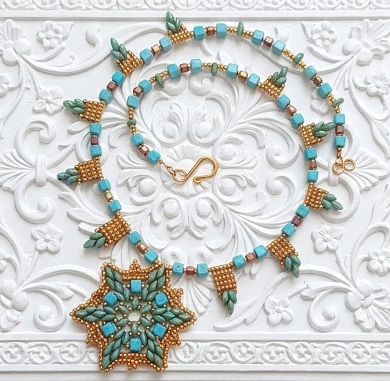 Turquoise howlite gem and superduo glass beaded necklace