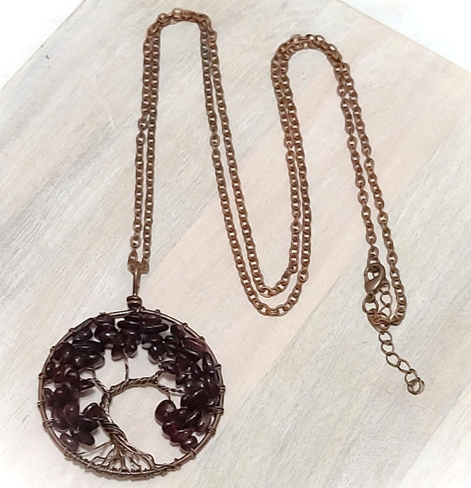 Tree of life pendant necklace, garnet gemstones w copper chain