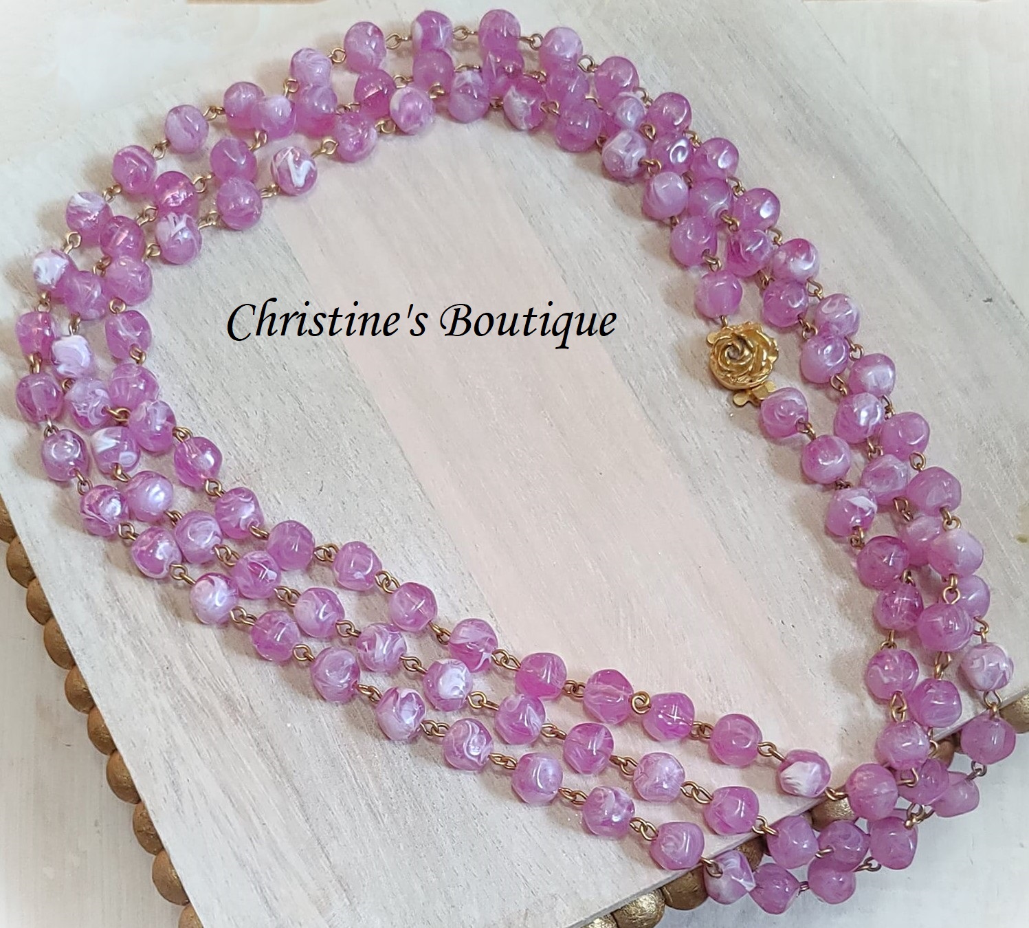Purple swirl beaded long flapper necklace w/rose clasp vintage - Click Image to Close
