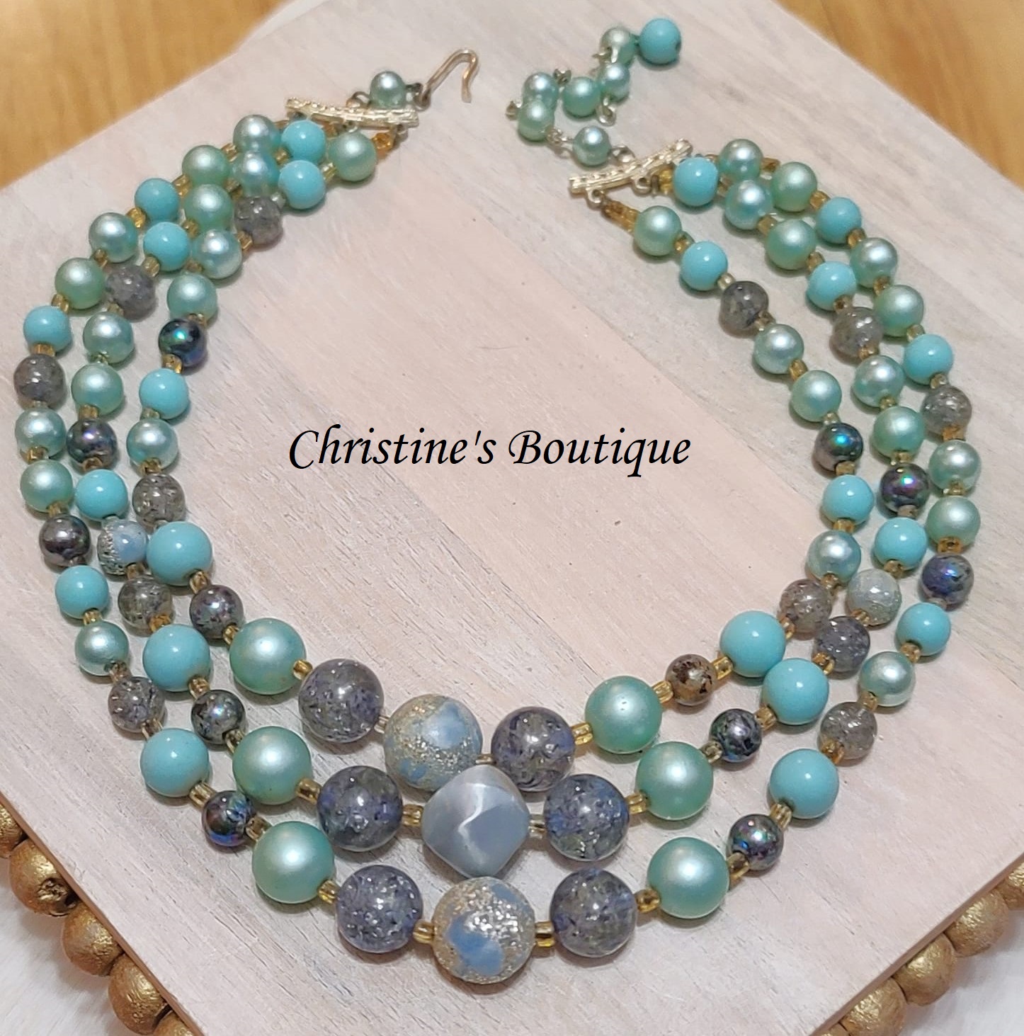 Frosted blue beaded 3 strand vintage necklace sgined Japan - Click Image to Close