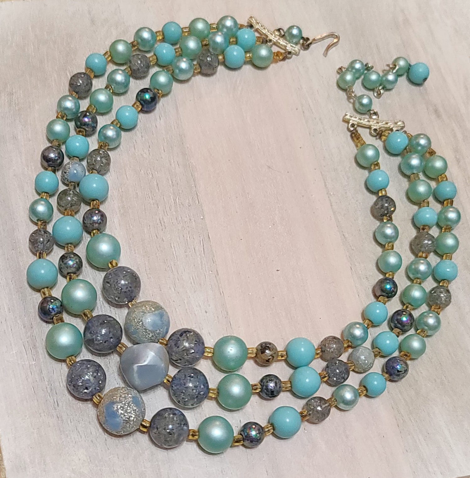Frosted blue beaded 3 strand vintage necklace sgined Japan