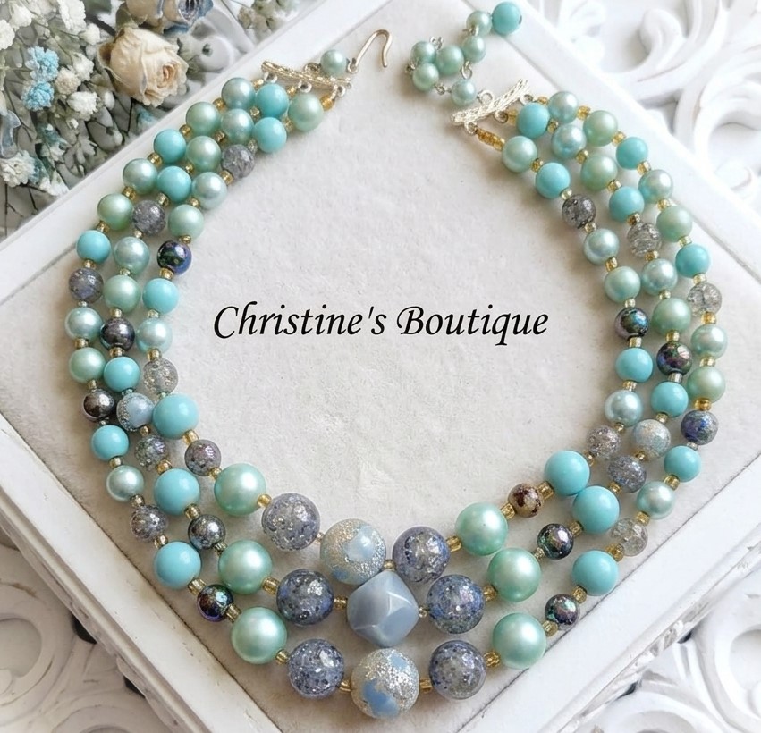 Frosted blue beaded 3 strand vintage necklace sgined Japan