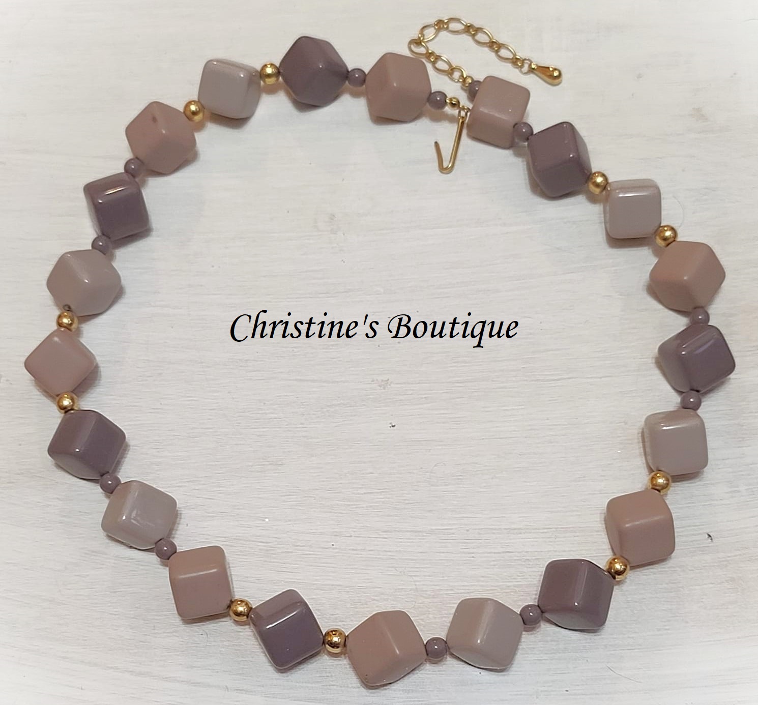 Mauve purple/gray cube beads necklace vintage - Click Image to Close