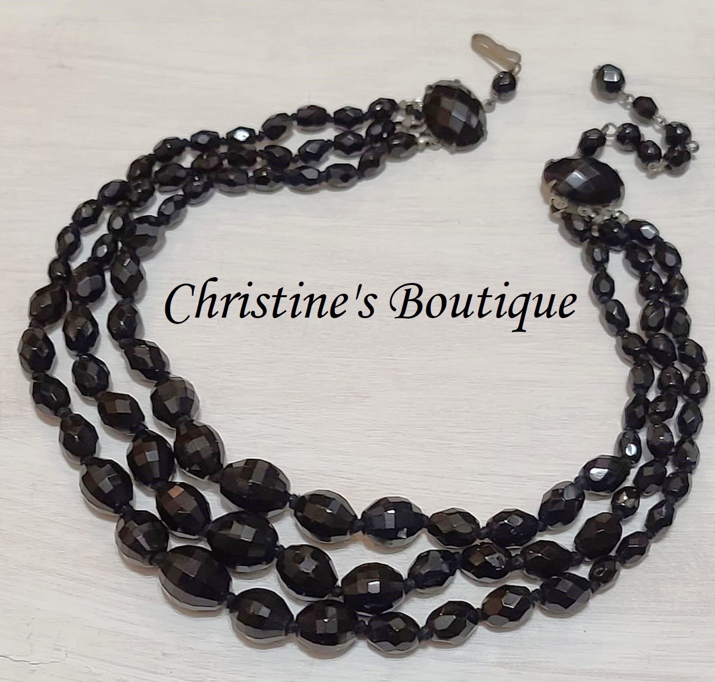 Black facetted black beads 3 row choker style, vintage necklace - Click Image to Close