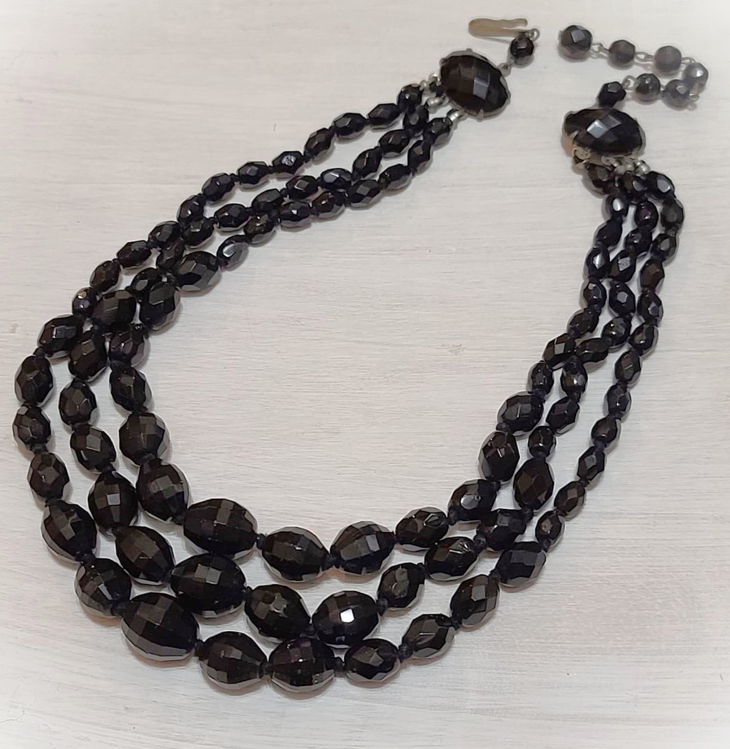 Black facetted black beads 3 row choker style, vintage necklace