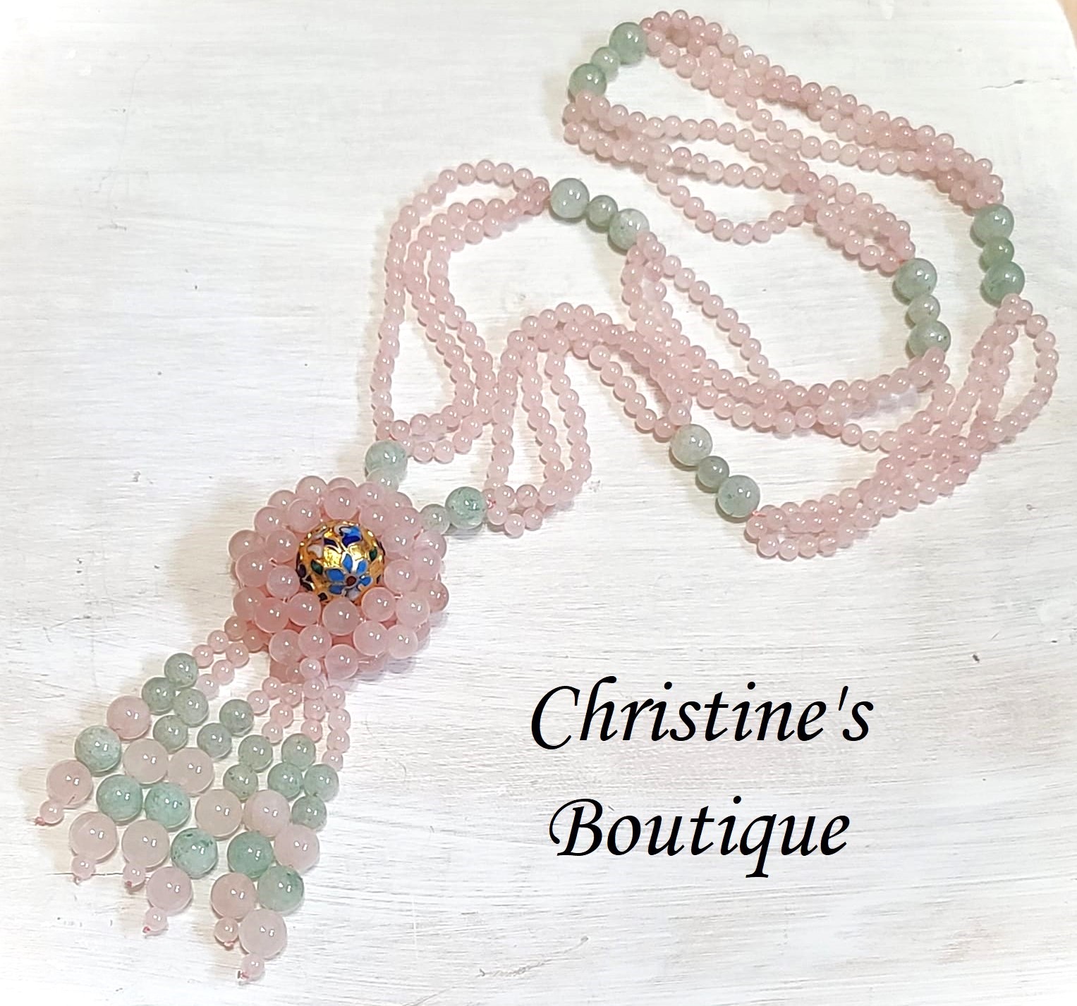 Pink and green jade gemstone vintage lariat & clossione center