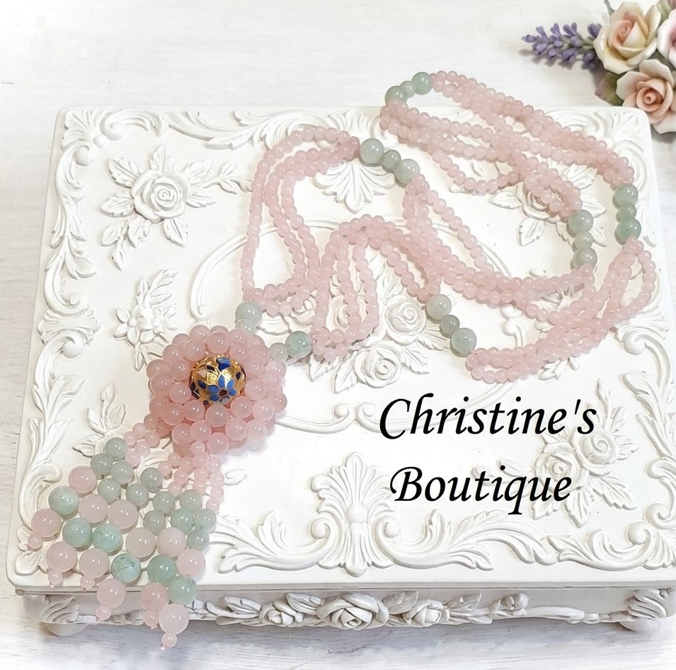 Pink and green jade gemstone vintage lariat & clossione center