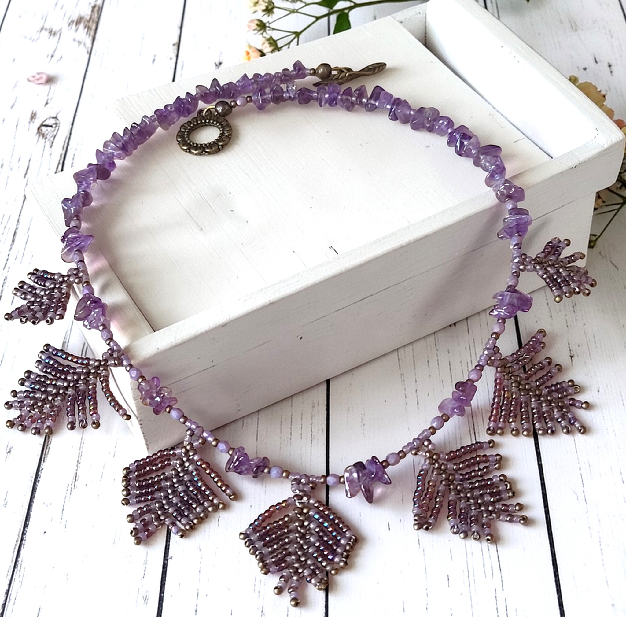 Handmade Miyuki Glass Beaded Feather Necklace with Amethyst Gemstone Beads