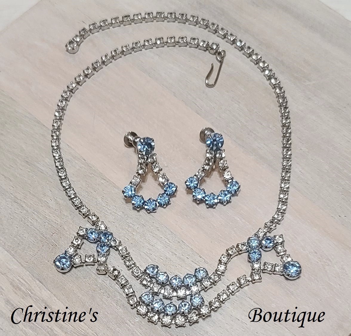 Light Blue & White Rhinestone Demi Necklace & Earrings - Click Image to Close