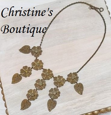 Filigree cascading flowers vintage necklace in brass tone metal - Click Image to Close