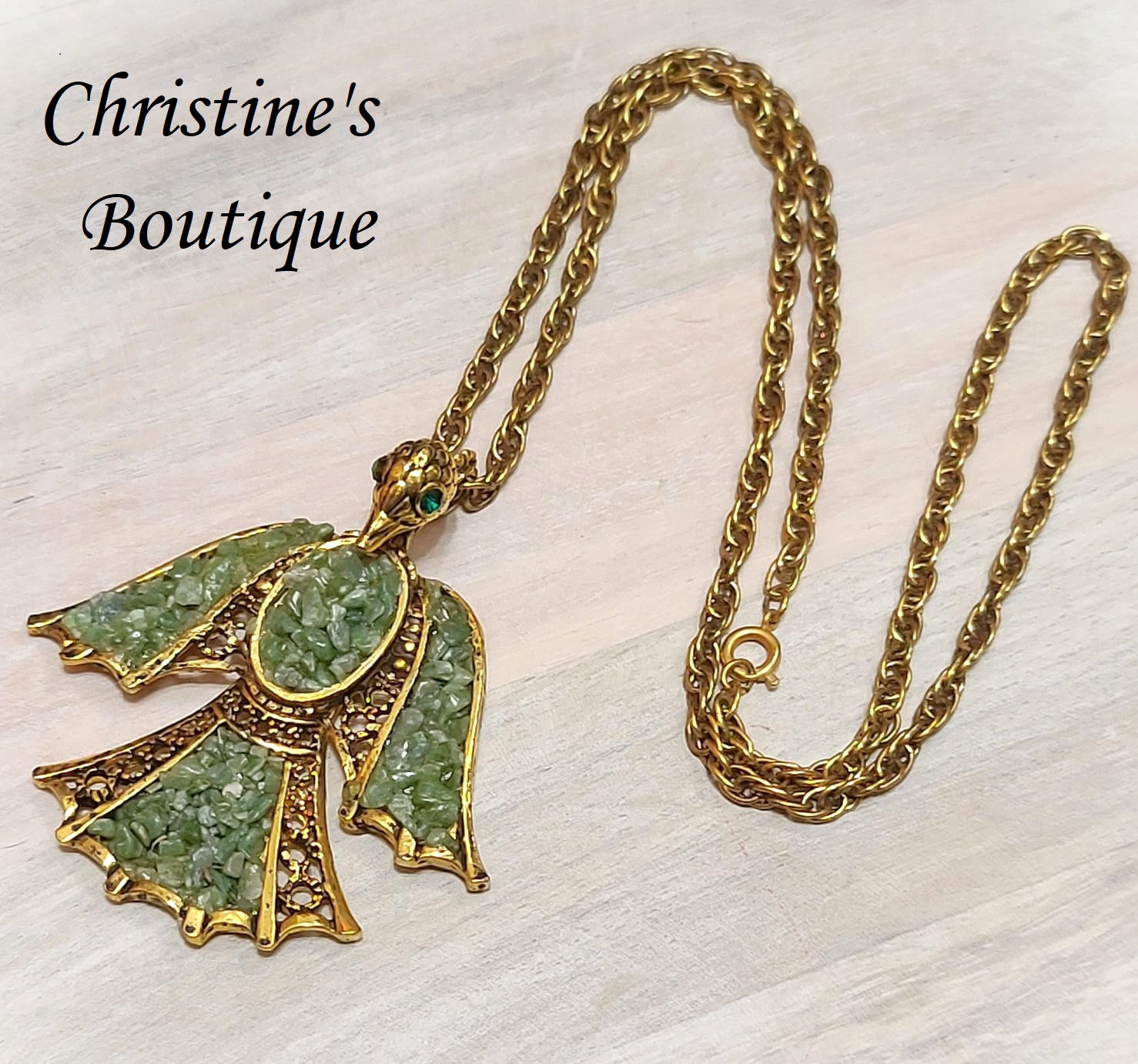 Phoenix pendant necklace with jade gemstone chips on chain - Click Image to Close