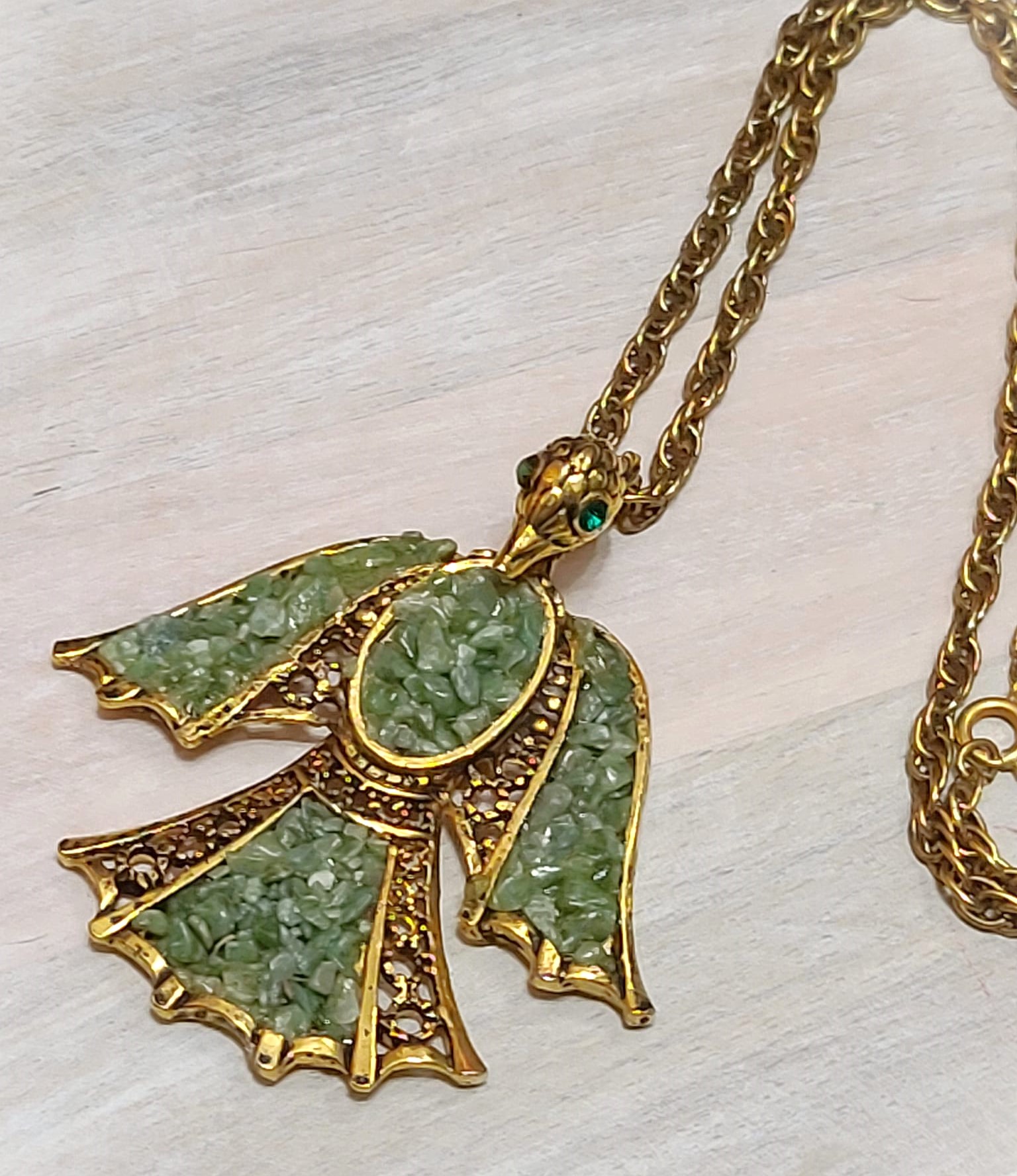 Phoenix pendant necklace with jade gemstone chips on chain