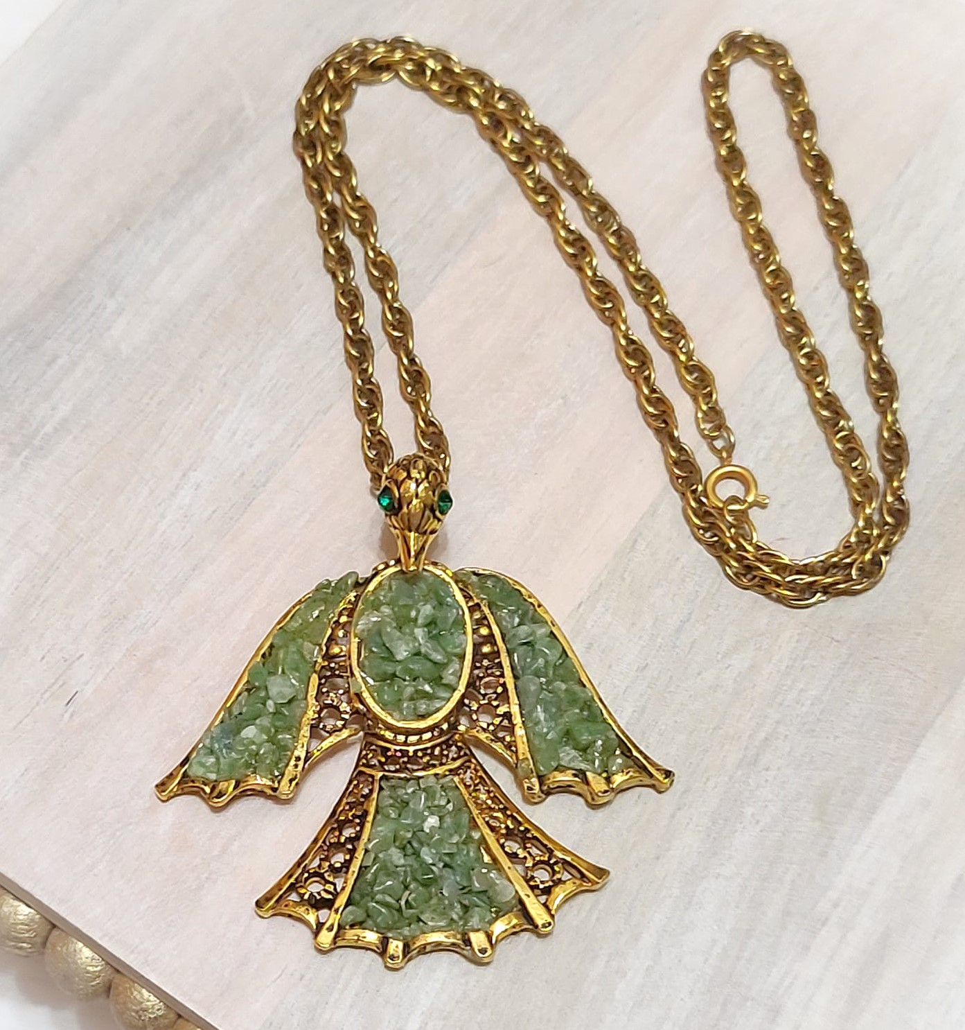 Phoenix pendant necklace with jade gemstone chips on chain