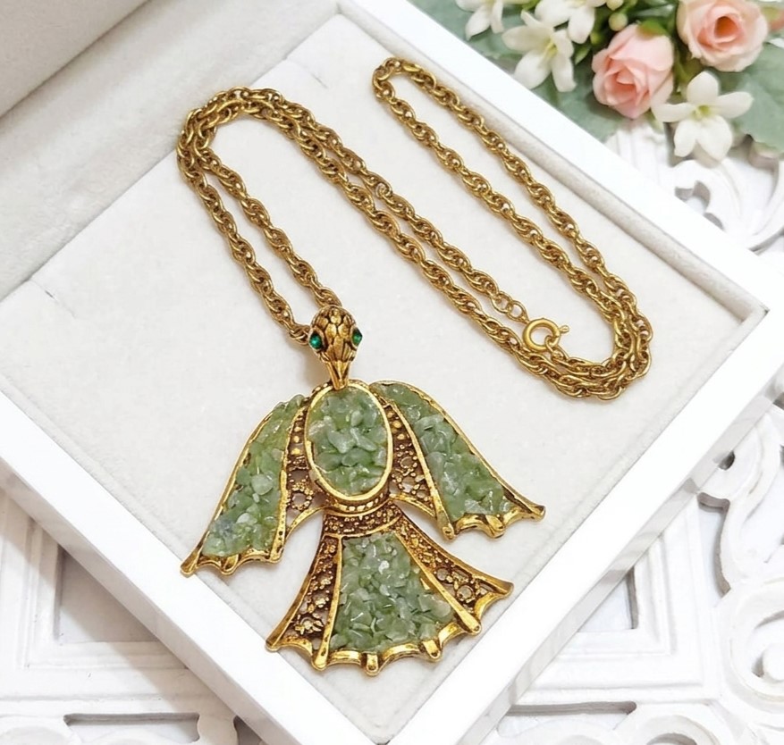 Phoenix pendant necklace with jade gemstone chips on chain