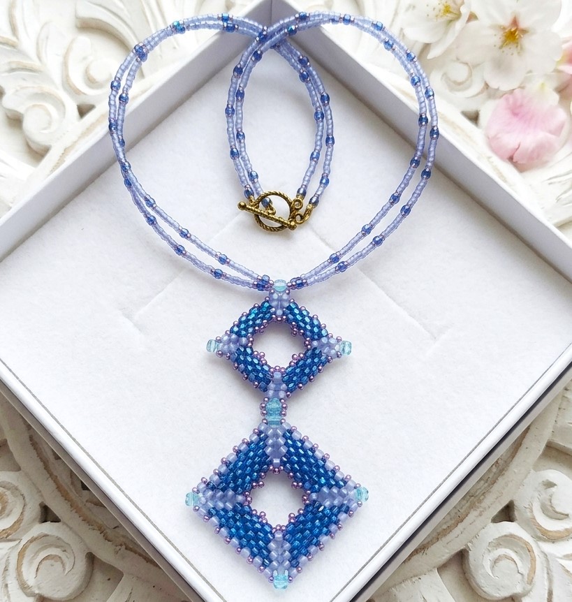 Double triangle pendant necklace, handcrafted, miyuki glass bead