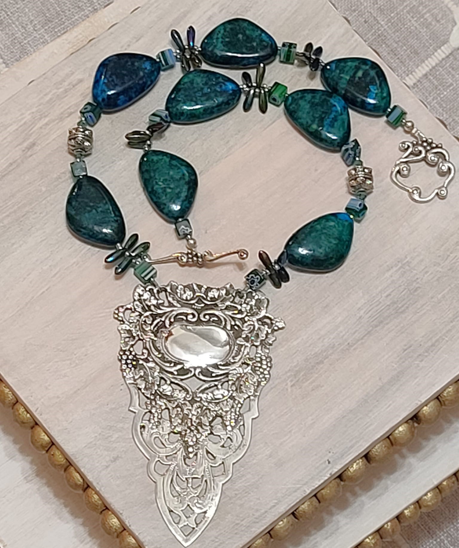 Hancrafted statement necklace,green chrysocolla, sterling silver