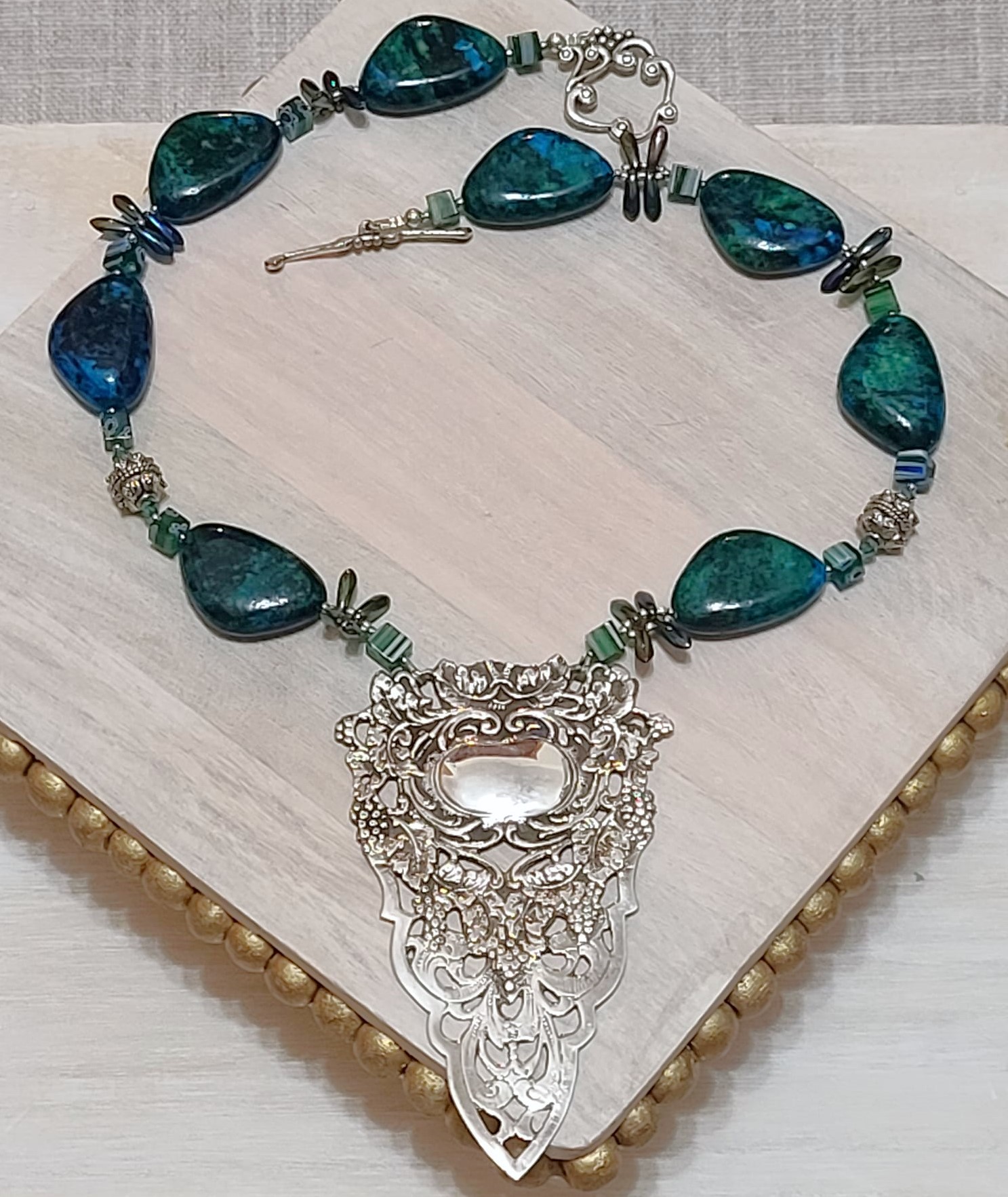 Hancrafted statement necklace,green chrysocolla, sterling silver