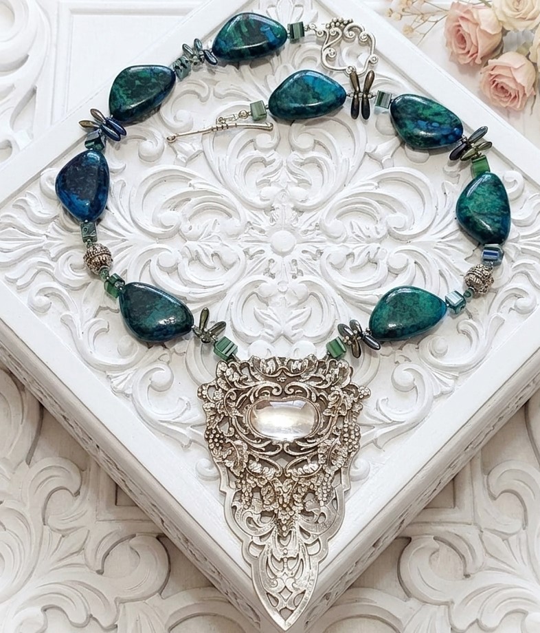 Hancrafted statement necklace,green chrysocolla, sterling silver