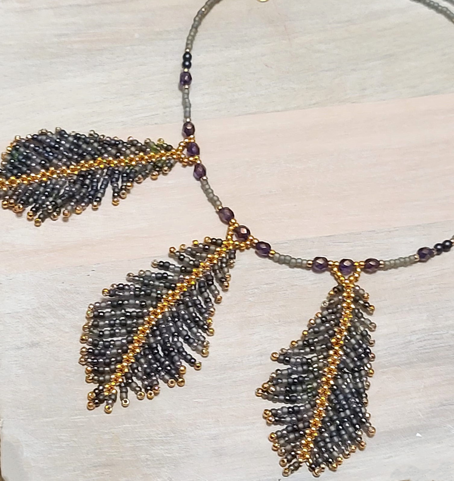 Feather necklace, handcrafted miyuki glass and crystals