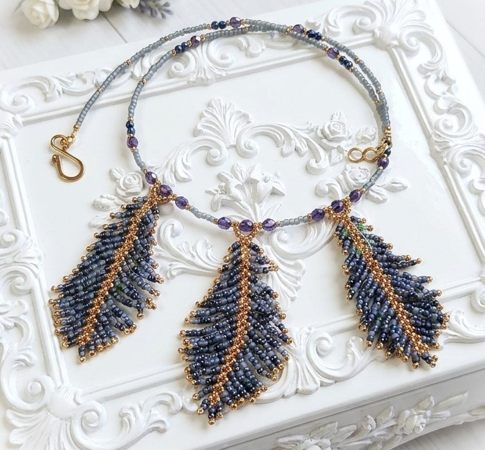 Feather necklace, handcrafted miyuki glass and crystals
