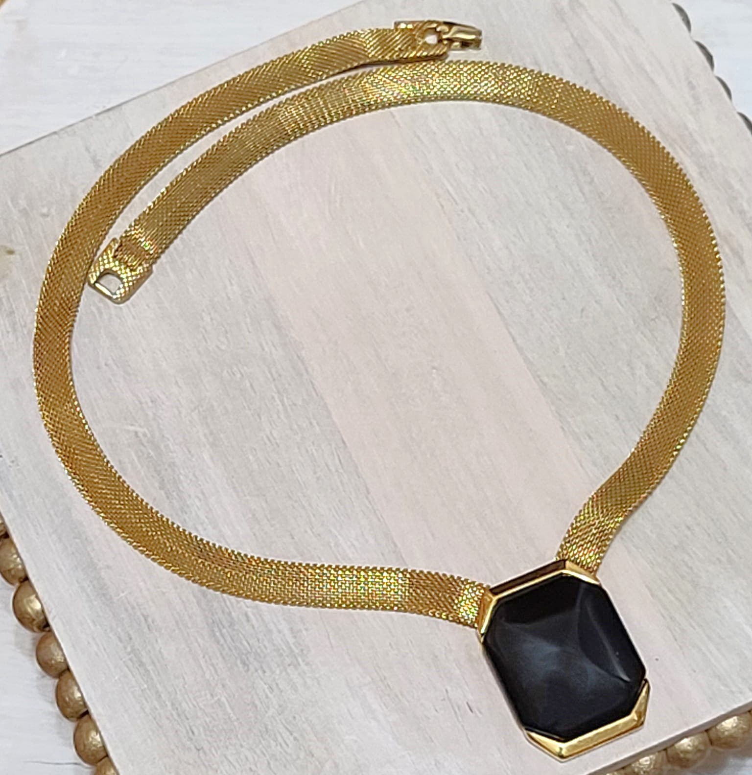 Crown Trifari necklace, vintage, center black cabachon gold mesh