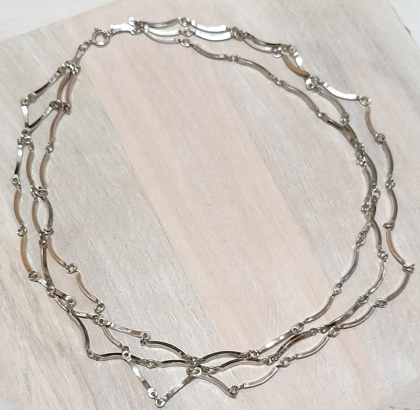 Vintage multi strand necklace, curved link in silver metal