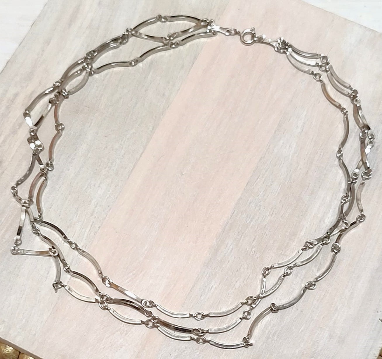Vintage multi strand necklace, curved link in silver metal