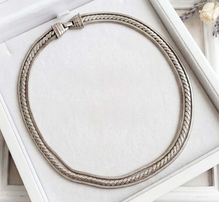 Vintage multi strand silver alloy necklace, braided, snake chain