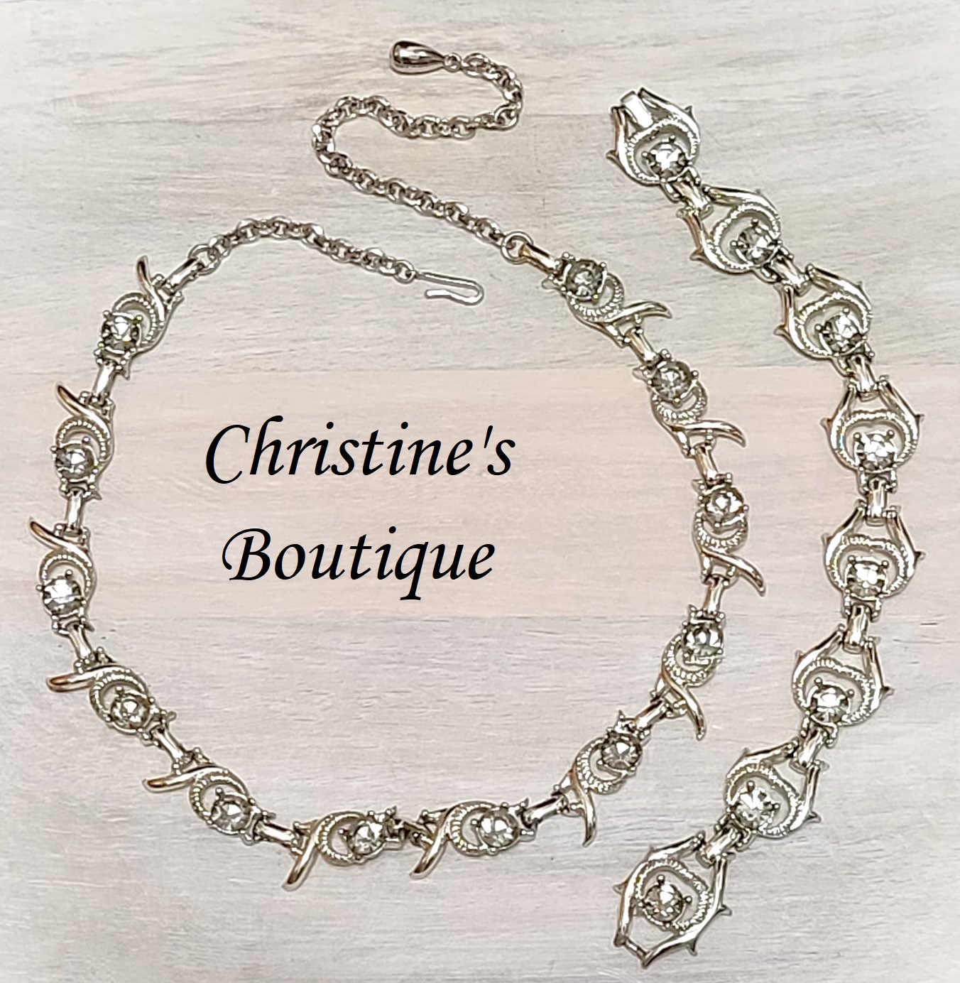 Rhinestone vintage choker necklace and bracelet, gray rhinestone